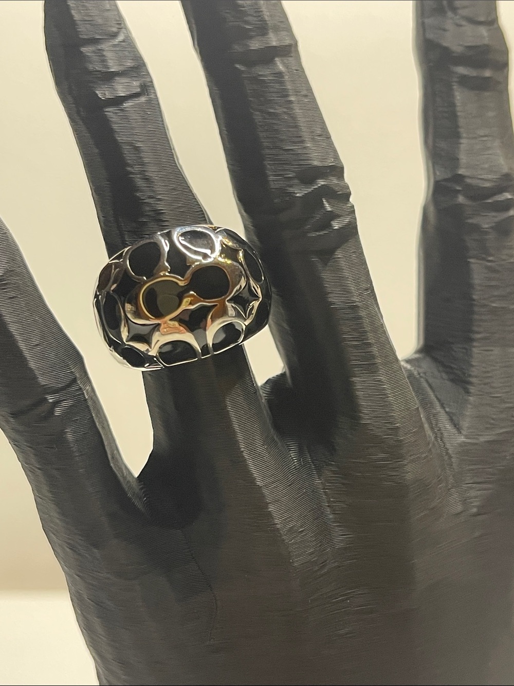 Coach Polished Silver Black Enamel Fashion Dome Ring